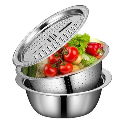 3 In 1 Stainless Steel Basin Drain Basket Colander Set 26/28CM Grater Strainer with Washing Bowl Set for Vegetables Fruits Salad