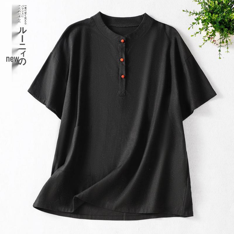 

Women s Short Sleeve Cotton Linen Top with Ramie & Frog Button Design Medium