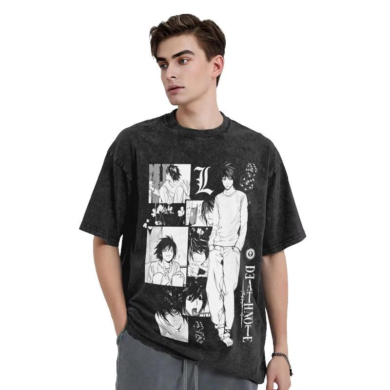 Manga DEATH NOTE T-Shirts L Lawliet Grafikdruck T-Shirts Gewaschenes Oversize T-Shirt Kurze Ärmel Baumwolle Weiches T-Shirt Herren Damen Kleidung
