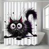 Cute Black Cat Shower Curtain Big Eyes Fluffy Fur Art Cartoon Animal Decor Waterproof Fabric Bath Curtain Set Home