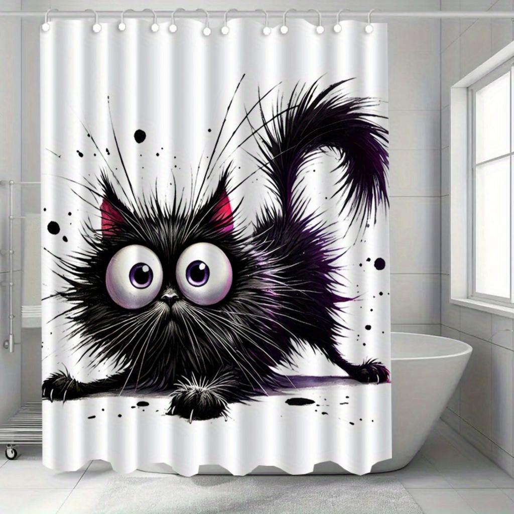 Cute Black Cat Shower Curtain Big Eyes Fluffy Fur Art Cartoon Animal Decor Waterproof Fabric Bath Curtain Set Home
