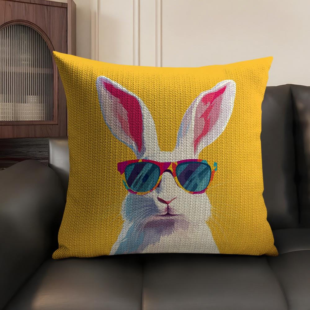 Cute Rabbit Art Cushion Cover Summer Breathable Linen Organic Fabric Double-Sided Printing Sofa Pillow Case Home Decor