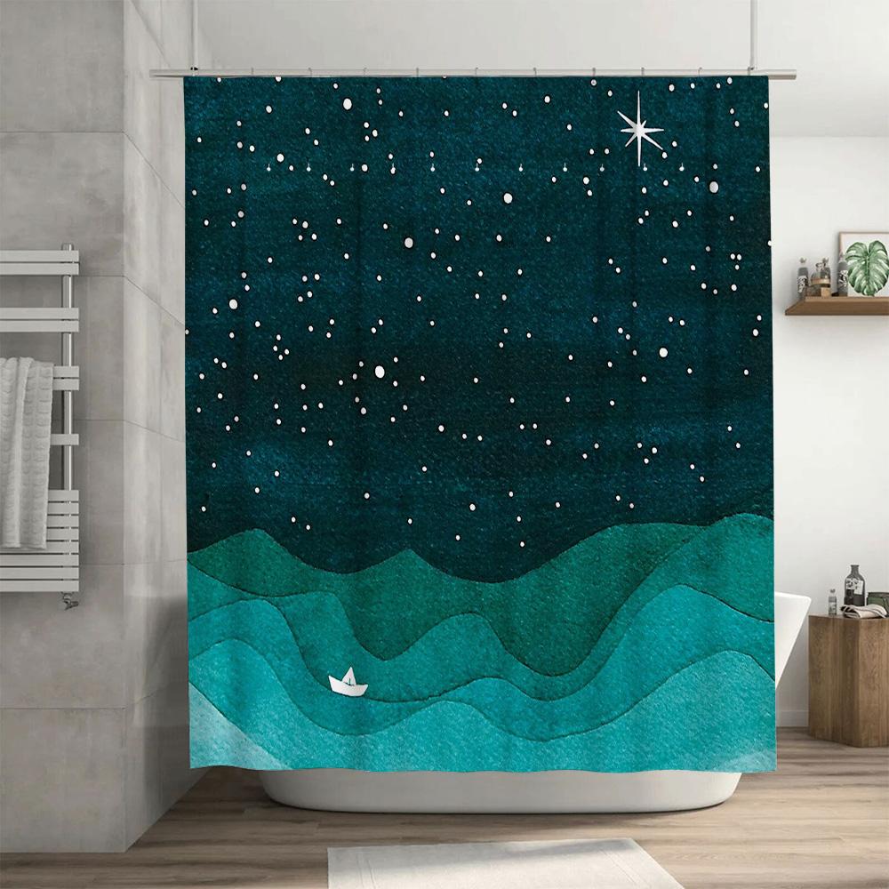 Ocean Wave Shower Curtain Blue Sea Beach Liner Bathroom Decor Nautical Pattern Fabric Backdrop Washroom Privacy Cover