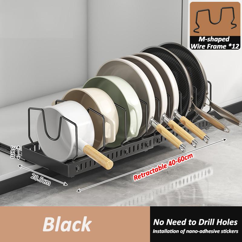 Kitchen Pots and Pans Storage Box with Sliding Rail Spice & Dish Rack Drawer Organizer Retractable Cabinet Pantry Shelves Holder