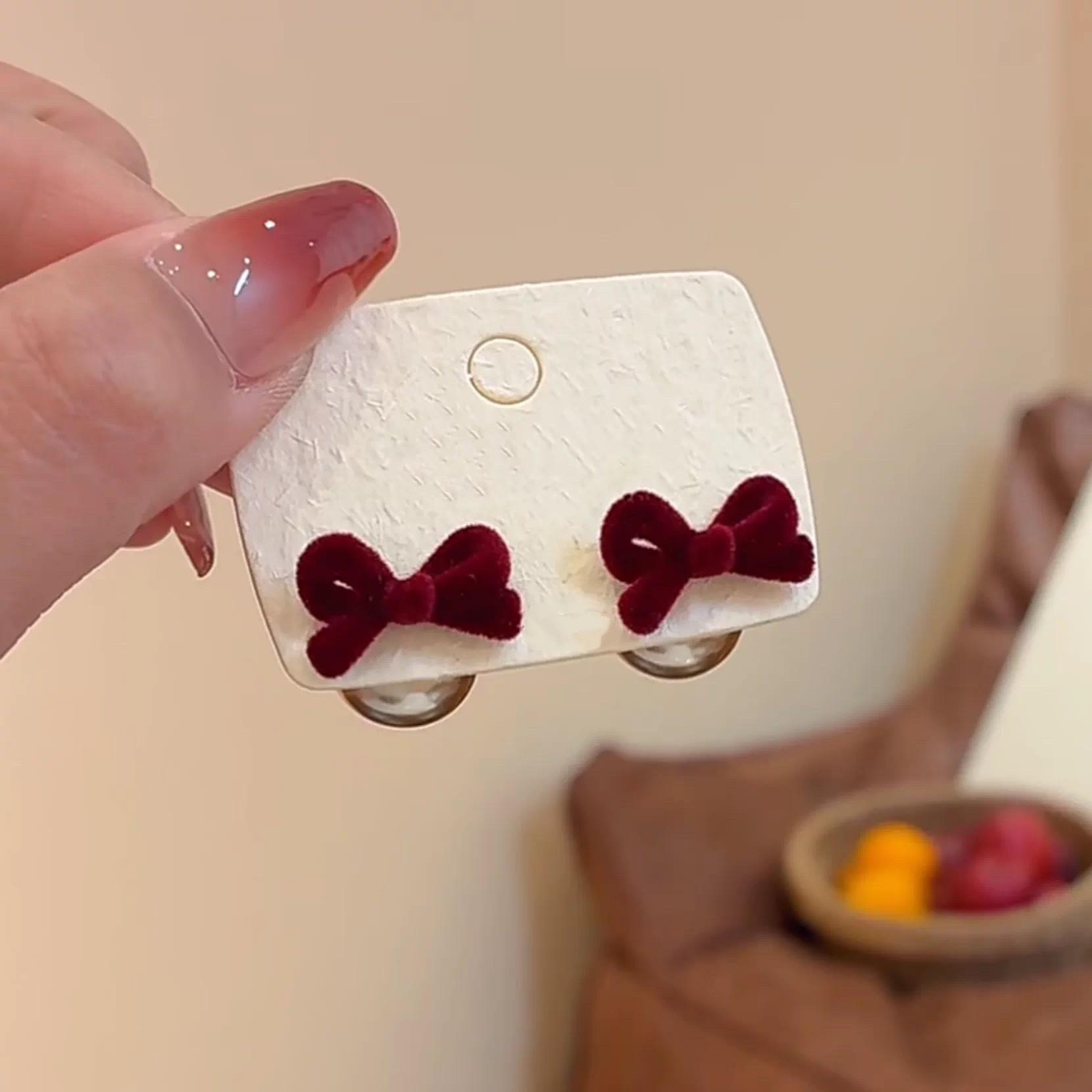 Women s Red Flocked Bow Pearl Earrings - Elegant Front & Back Wear Studs