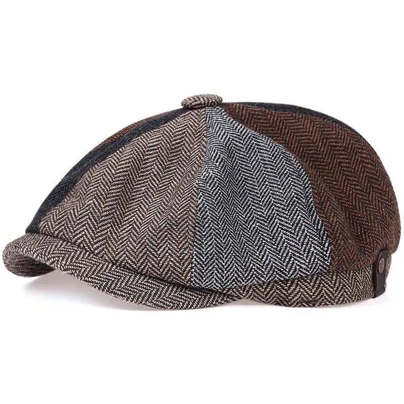 Men Herringbone Grid Newsboy Hat Autumn Winter Warm Diamond Check Retro Beret Hat Hip Hop Octagonal Caps