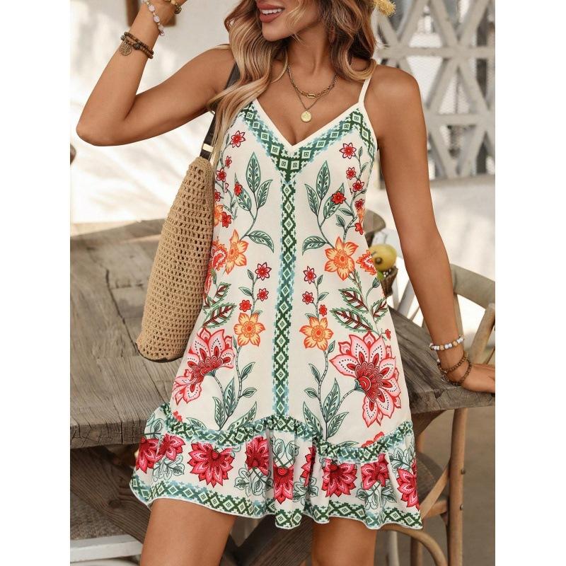 2026 spring and summer European and American style flower printing sleeveless vacation dress women s seaside vacation dress S