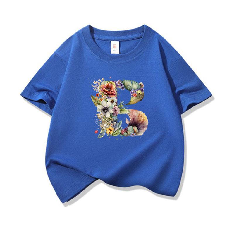 Kids Cotton T Shirt Floral Letter B Print Crew Neck Short Sleeve Tee Casual Boys Girls Summer Tops