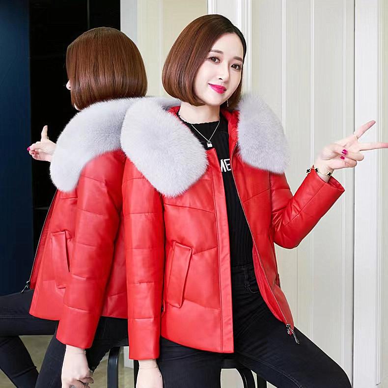 

ПУ кожа пуховик хлопок зимнее пальто искусственный мех короткий свободный стиль высокая талия M красный