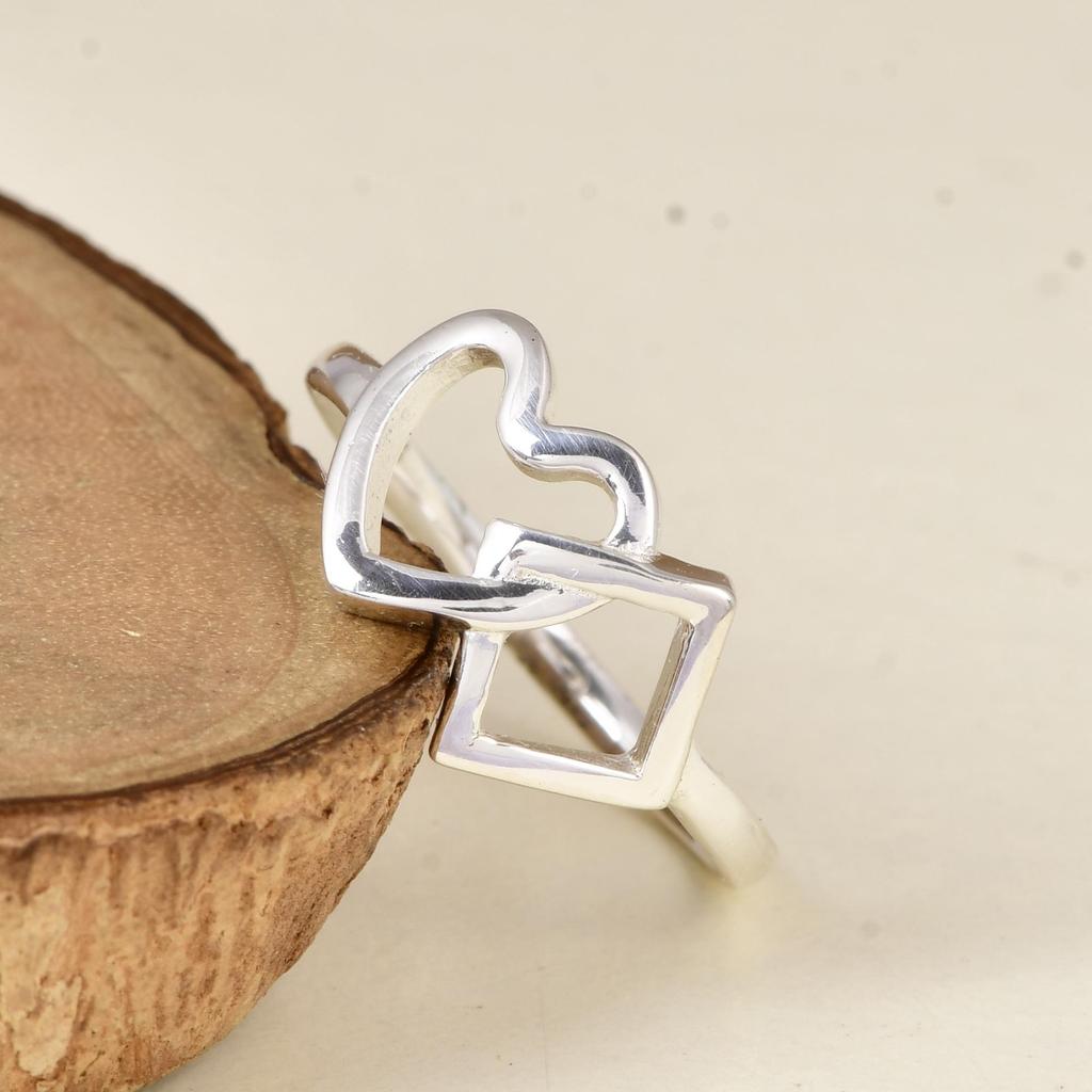 Heart and Square Silver Ring, Minimalist Geometric Ring, Dainty Heart Ring, Sterling Silver Open Shape Ring, Modern Gift for Her