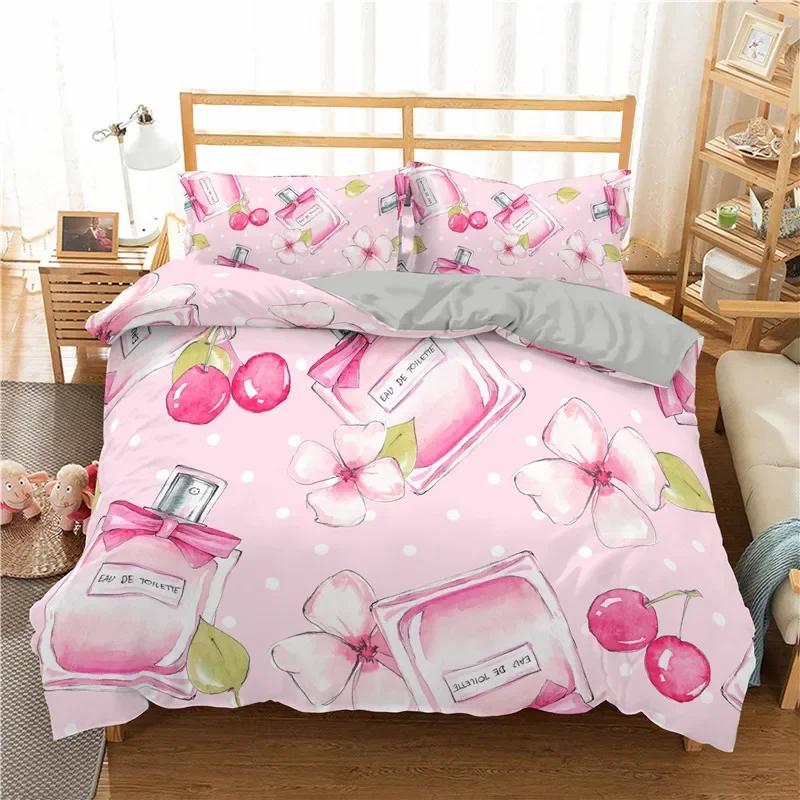 Fashion Bedding Set Makeup Cosmetic Theme Duvet Cover Polyester Perfume Lipstick Nail Polish Brush Print Quilt Cover King Size