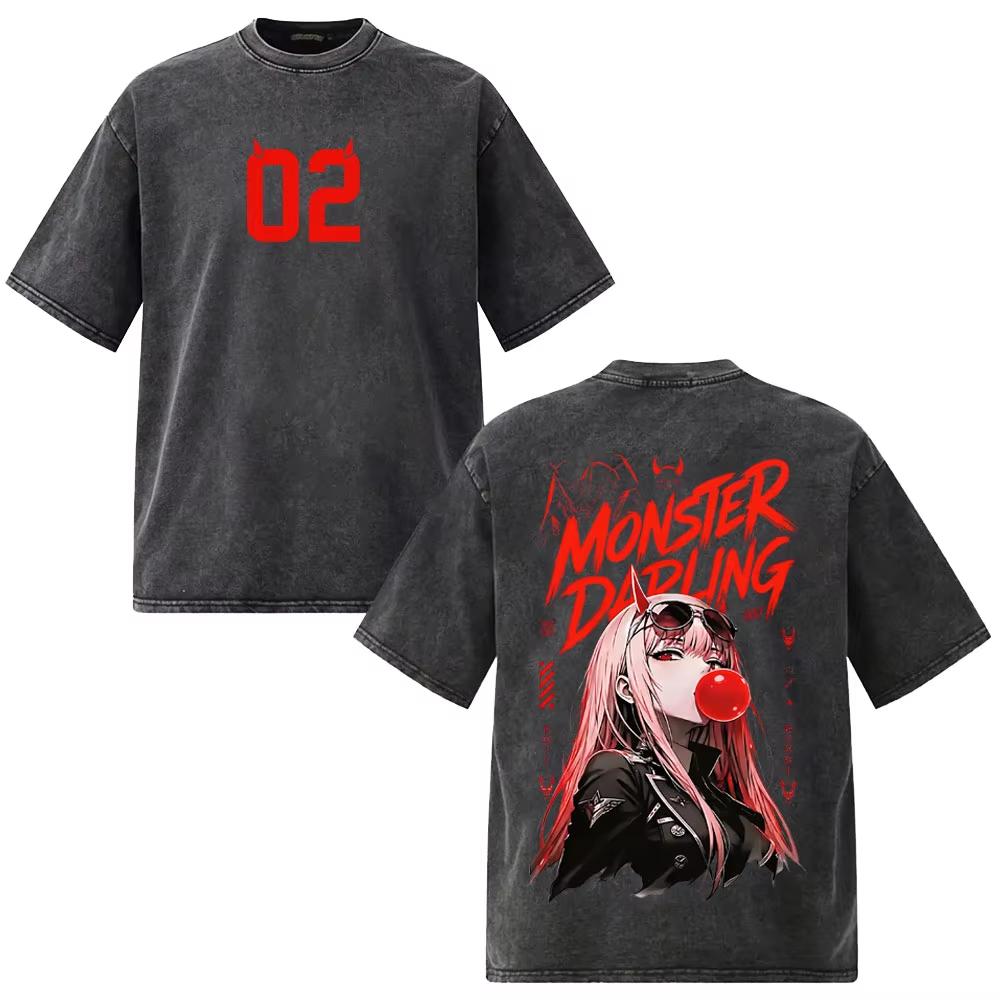 Washed Vintage Anime Darling In The Franxx Zero Two Graphic T Shirt Men Women 90s Manga Casual Y2K Gothic Cotton Oversized T-shirts