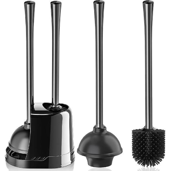 Toilet Plunger and Brush, Silicone Bowl Brush and Heavy Duty Toilet Plunger Set with Ventilated Holder, 2-in-1 Toilet Brush and Plunger Combo for