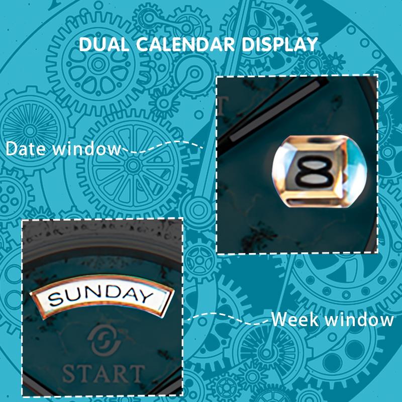START-Turquoise Men's Watch Diamond Watch Week Function Automatic Mechanical Watch Butterfly Buckle Alligator Leather Strap