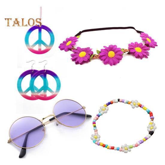 

1 комплект, набор аксессуаров для женского костюма, знак мира, цветок, декор из бисера, винтажный 60-х, 70-х годов, сувениры для дискотеки, косплей, серьги, солнцезащитные очки, ожерелье, повязка на голову, комплект Sets фиолетовый