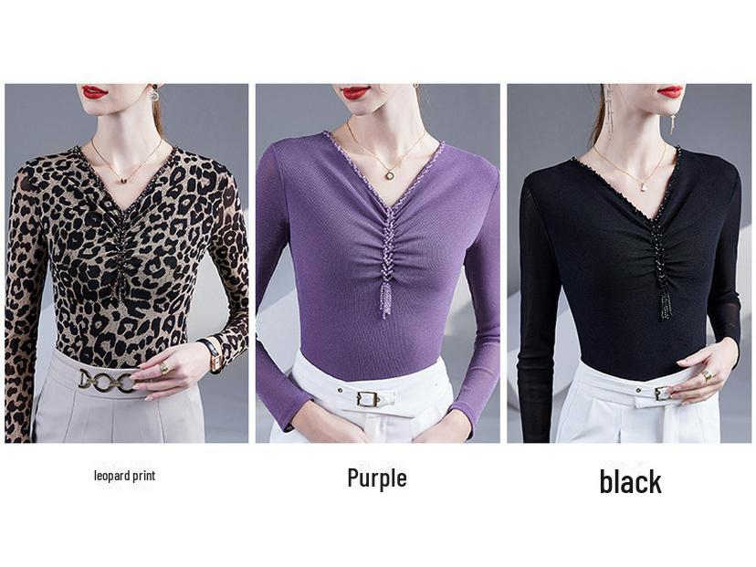 Women's Beaded V-Neck Mesh Long-Sleeve Slim Fit Tee - 2025 Spring/Autumn Collection