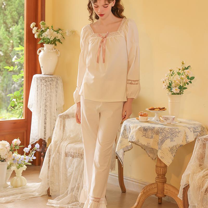 Women's Embroidered Lace Cotton Pajamas - Long Sleeve French Court Style for Spring and Autumn
