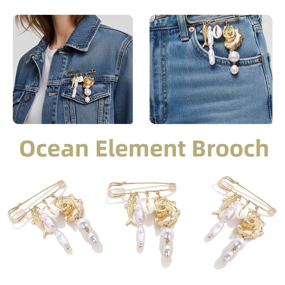 Gold Tone Ocean Element Brooch Pearl Pendant Exaggerated Color Tropical Fish Brooch Mermaid Tail Design Starfish Coral