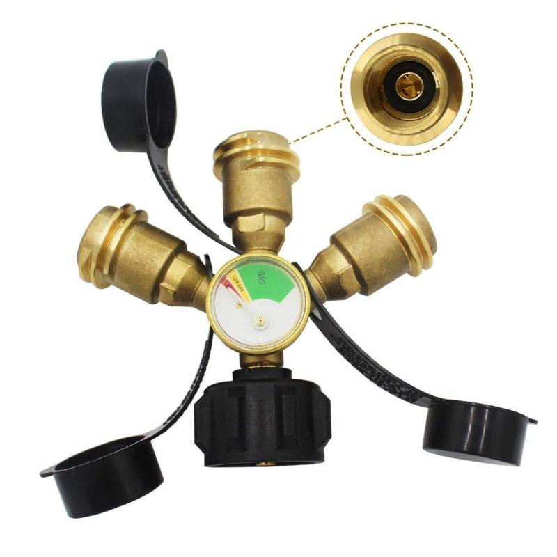 3 Way Propane Tank Y Splitters Adapter Brass Construction With Pressure Gauge Safety Shut Off Valves For Multiple Appliance Connection