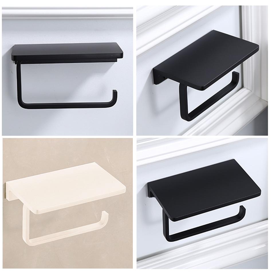 Paper Holder with Shelf Black Grey White Aluminum Bathroom Kitchen WC Paper Roll Rack with Phone Shelves Storage Tissue Holder