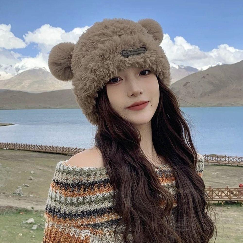 Korean Style Fluffy Beanie Hat Soft Plush Pullover Hats Ski Caps Bear Plush Hat  Autumn and Winter