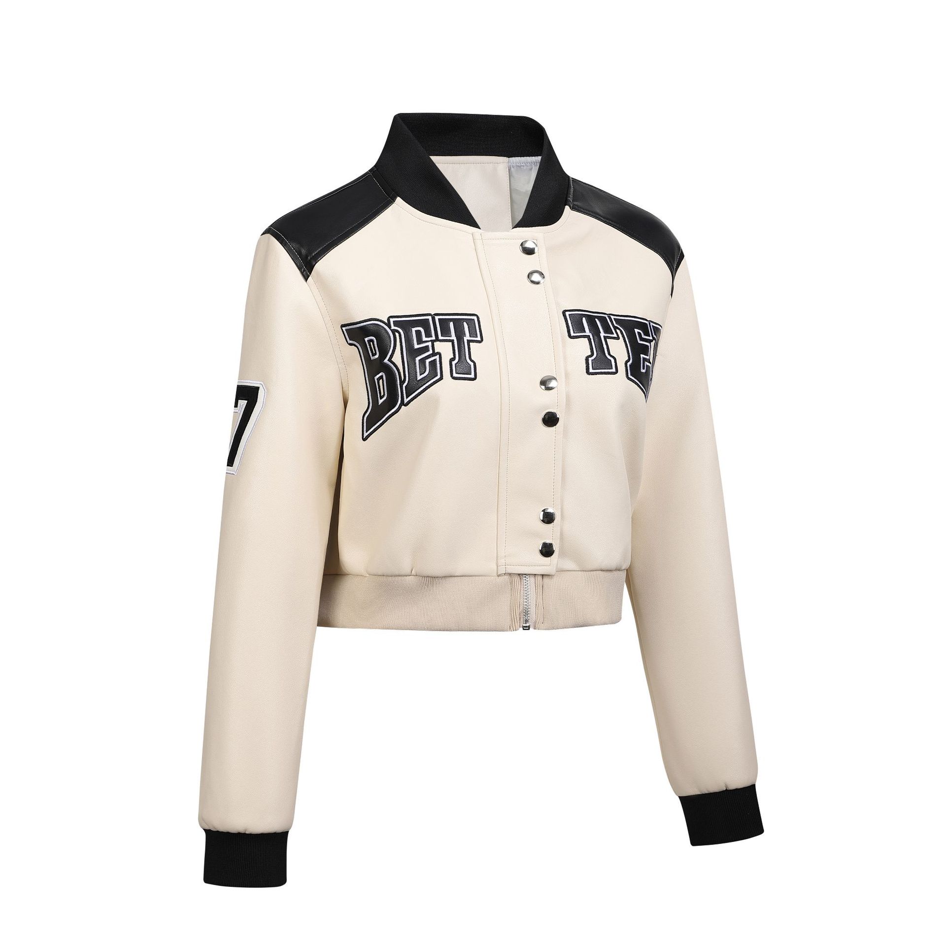 Women s leather jacket with color inserts, letter embroidery, locomotive clothing, high waist classic jacket, women s spring and autumn jacket new p