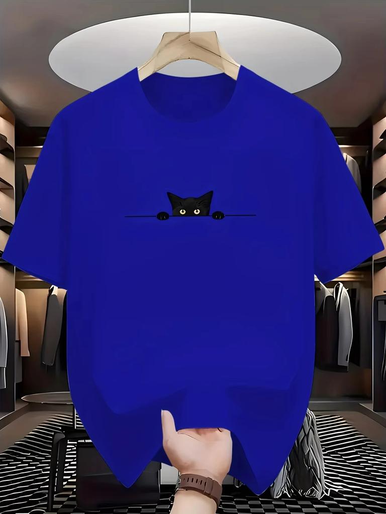 2025 Men's Summer 100_ Cotton Fashionable Casual Loose Large Cute Cat Pattern Printed Round Neck Short Sleeve T-shirt Top