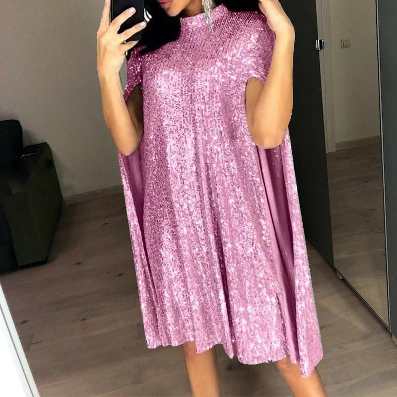 

Spring European & American Sequin Stand Collar Loose Dress for Women Small