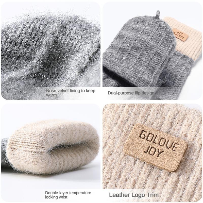 Half Finger Flip Korean Style Gloves Winter Women's Cute Fleece-Lined Cold-Proof Warm Wool Knitted Autumn and Winter Open Finger
