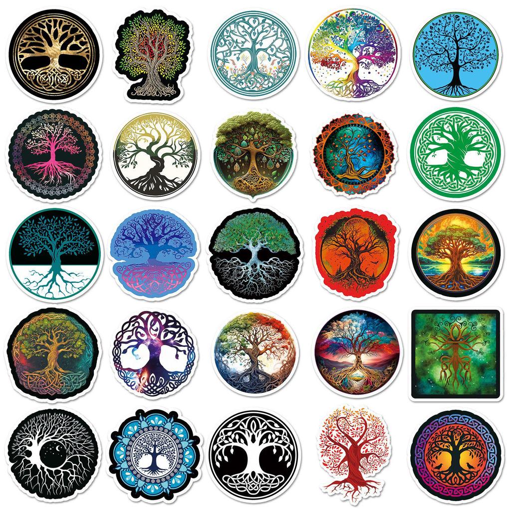 50pcs Tree of Life Graffiti Trend Totem Waterproof Stickers for Water Bottles, Skateboards, and Suitcases