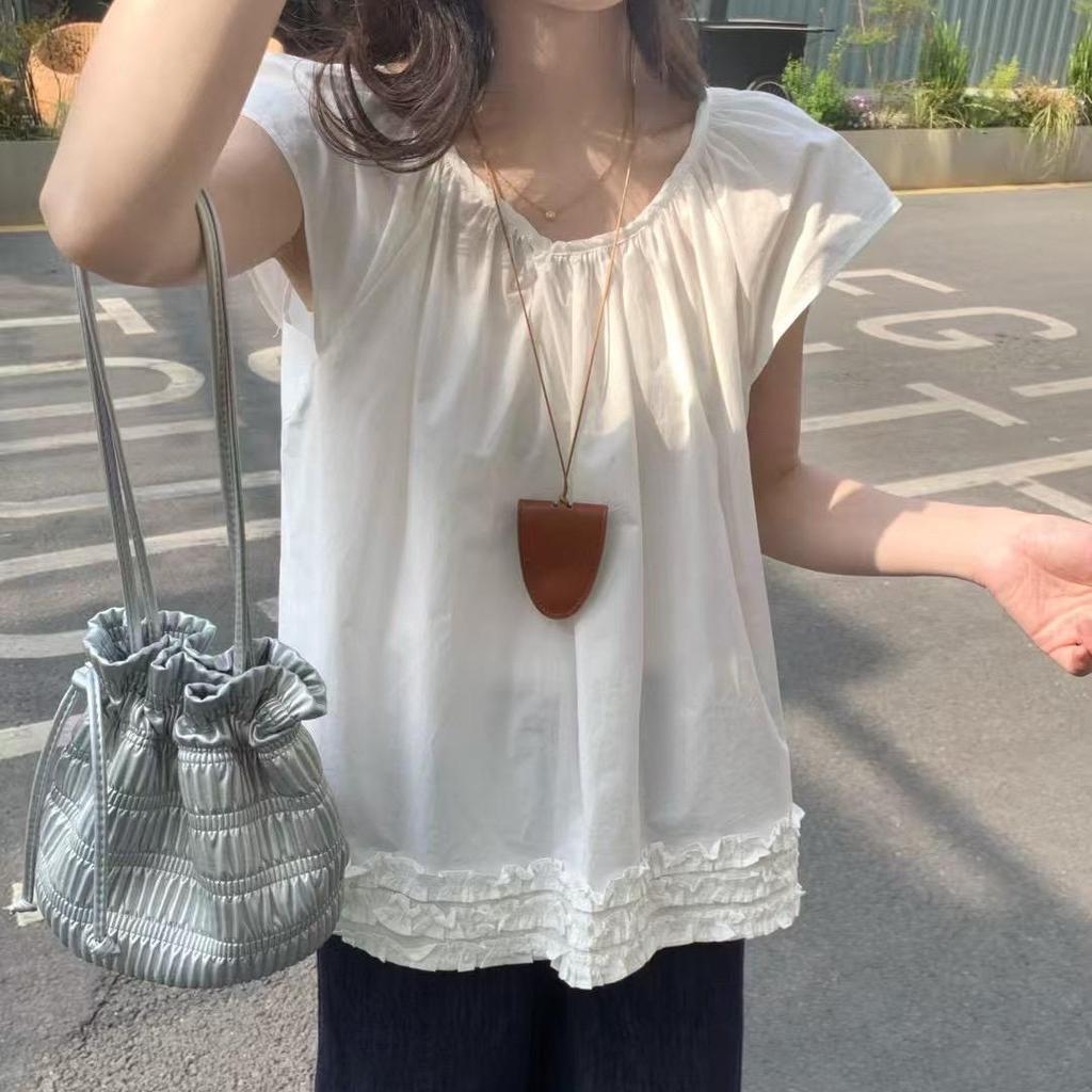 1116 Summer New Loose Splicing Fungus Lace Design Commuter Casual Versatile Shirt Women
