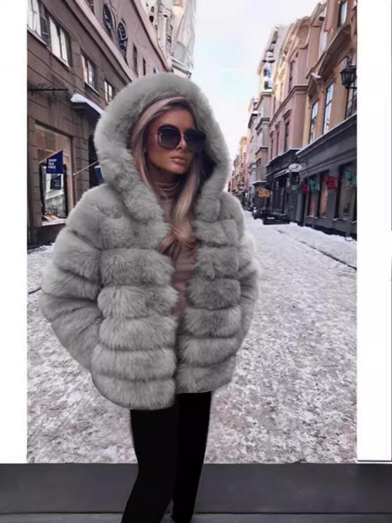 Women's Mid-Length Imitation Fox Fur Coat - Long Sleeve European & American Fashion Warm Overcoat