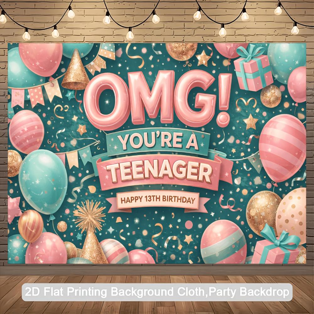 2D plane 13th birthday party banner background - OMG youth theme, with pink and blue balloons