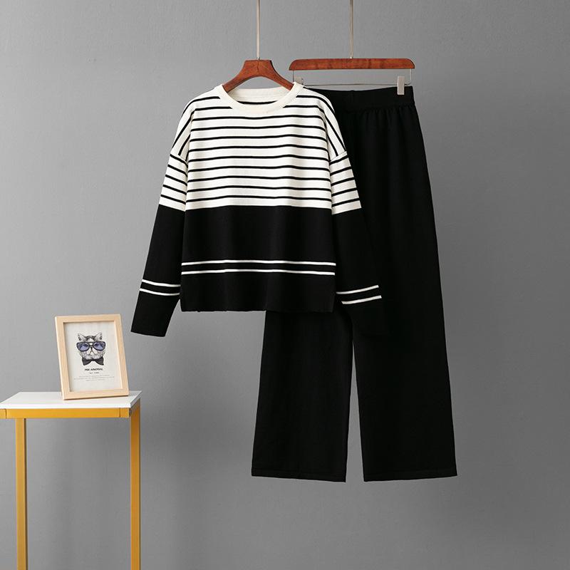 Fall Winter Lazy Wind Loose V-Neck Pulllover Sweater Suit Women's Stripe Long Sleeve Knit Wide Leg Pants Two Piece Set