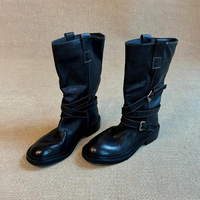 Cowhide Edition~ Retro Belt Buckle Medium Boots Thick-soled Western Cowboy Boots Skinny Fried Street Short Boots Female Knight Boots