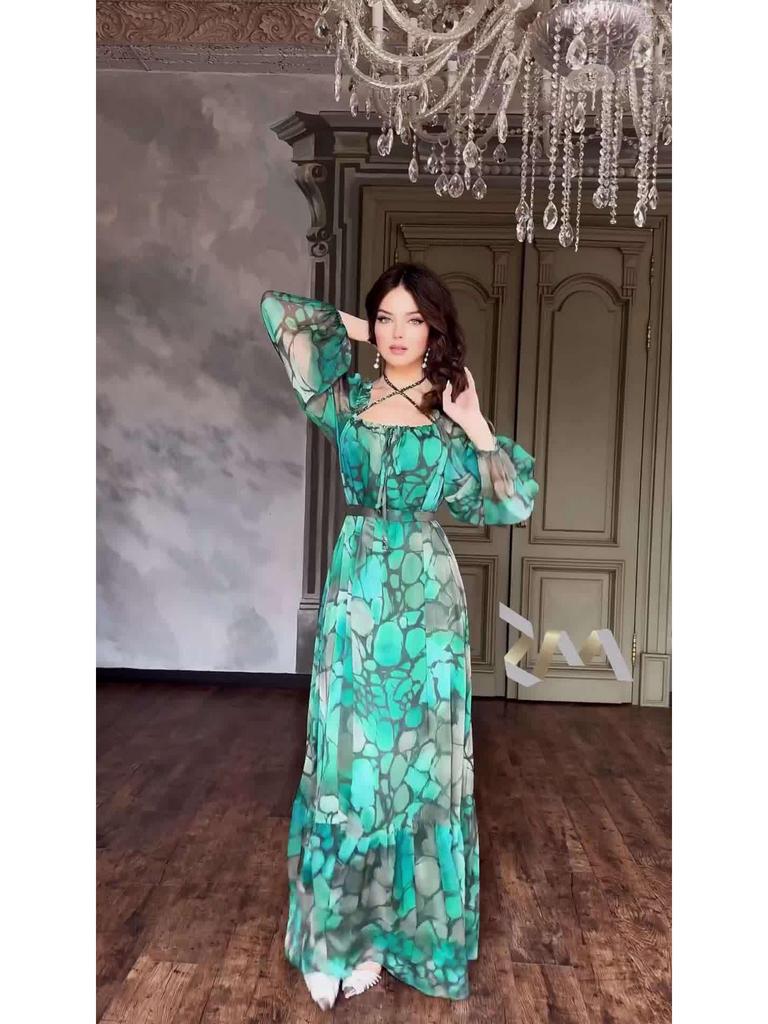 2024 Summer European & American Women's Color Block Print Elegant Long Dress - Slim Fit, Square Neck, Long Sleeves
