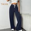Women Pants Elastic High Waist Adjustable Drawstring Straight Wide Leg Trousers with Pockets Solid Color Casual Pants