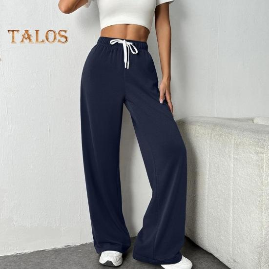 Pantaloni pentru femei cu talie înaltă elastică, cu șnur reglabil, pantaloni drepti cu picior largi, cu buzunare, pantaloni casual de culoare uni