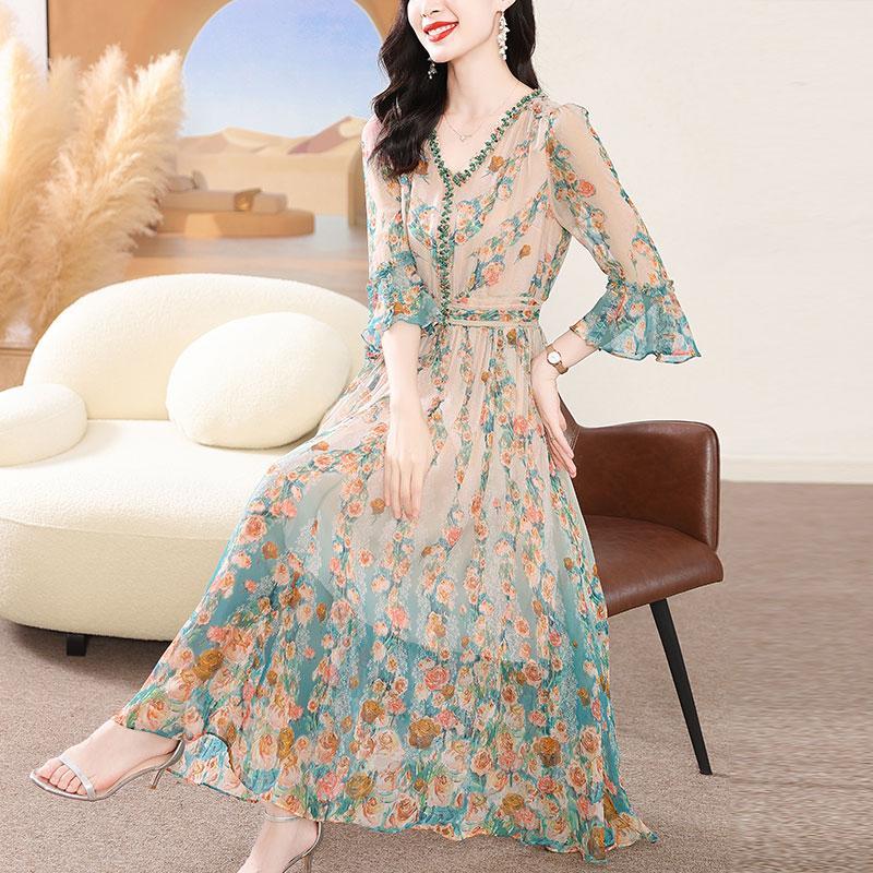

High End Silk Chiffon Dress Summer Loose Temperament Socialite French Waist Cinched Floral Seven Quarter Sleeve Long Skirt XS