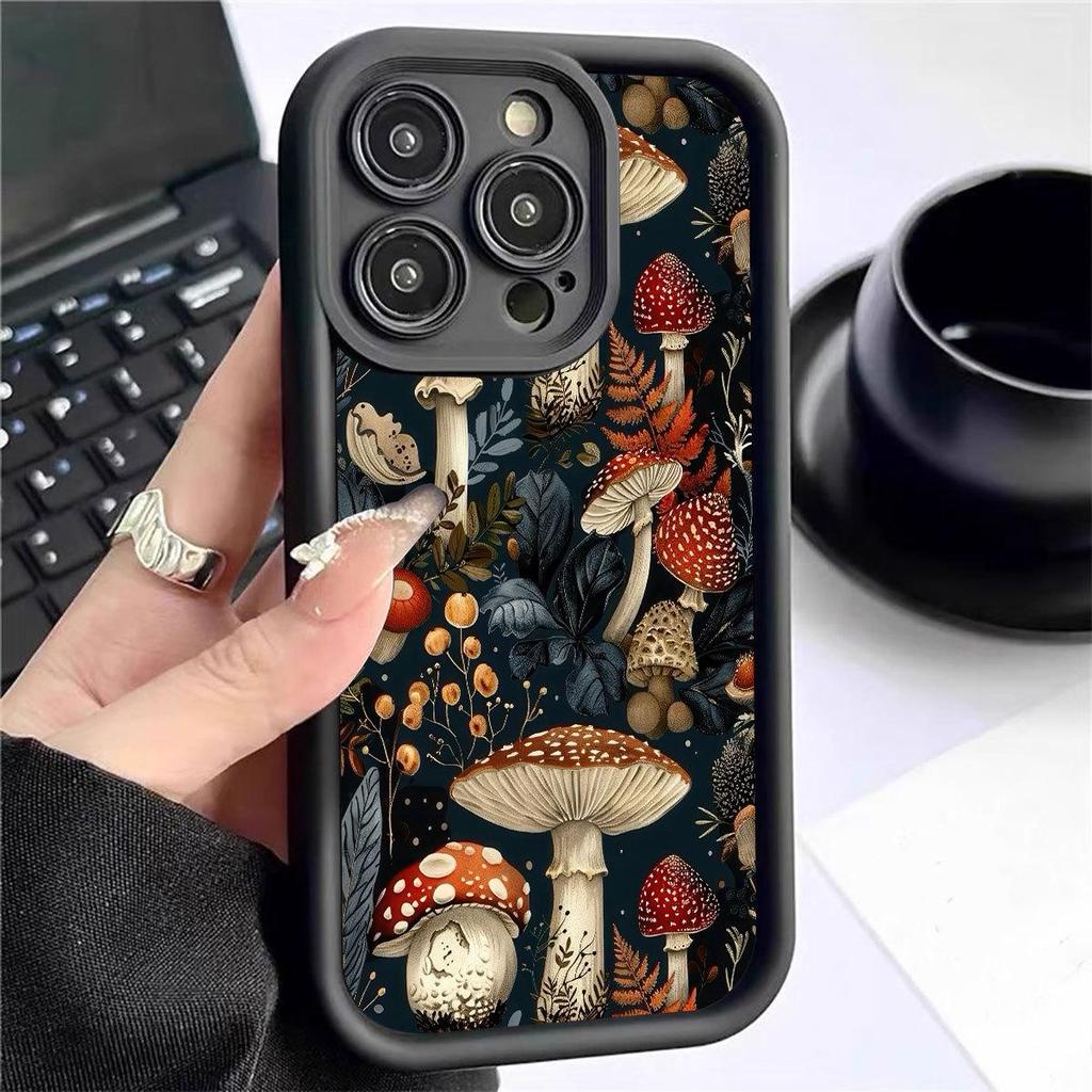 Black Grooved Floral Mushroom iPhone Case for 15/16/17 Pro Max