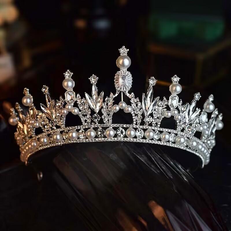 

High end European and American Bride s Crown Pearl Micro Inlaid Zircon Wedding Headwear Alloy Crown Grand Beauty Pageant Award Accessories