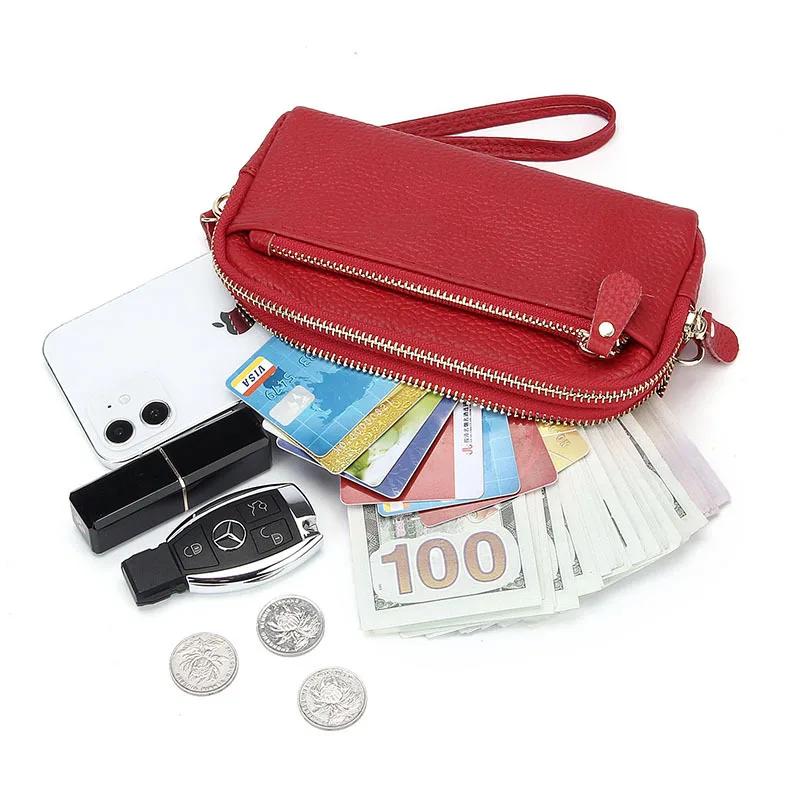 Genuine Leather Women Double Zip Wallet   Ladies Clutch Purse Cowhide Wristlet Bag Coin Purse Fashion Mobile Phone Bags