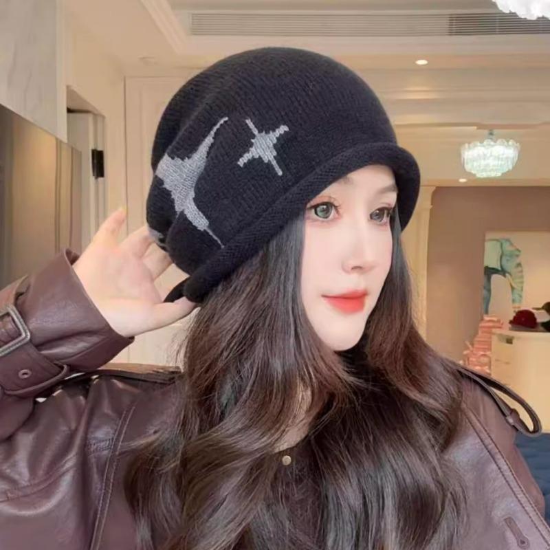 Korean Style Womens Knitted Beanie Hat For Autumn Winter Slimming Rolled Brim Slouchy Hat