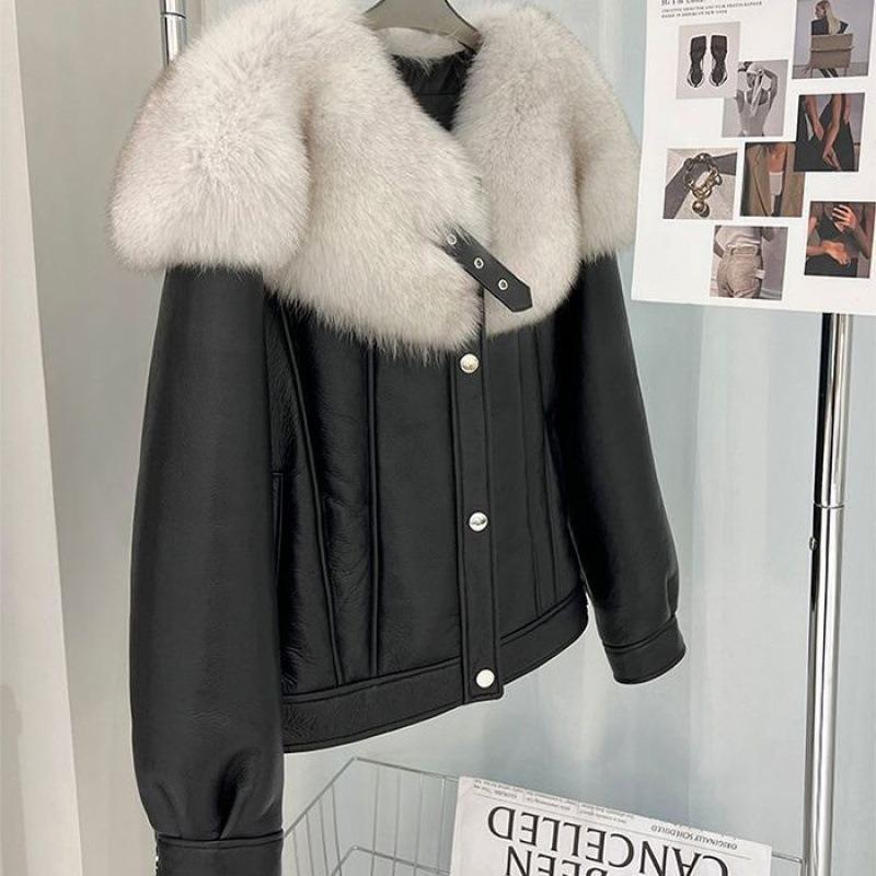 Winter New Imitation Leather Imitation Fox Fur Collar Fur Integrated Leather Women's Clothing Large Size Leather Jacket