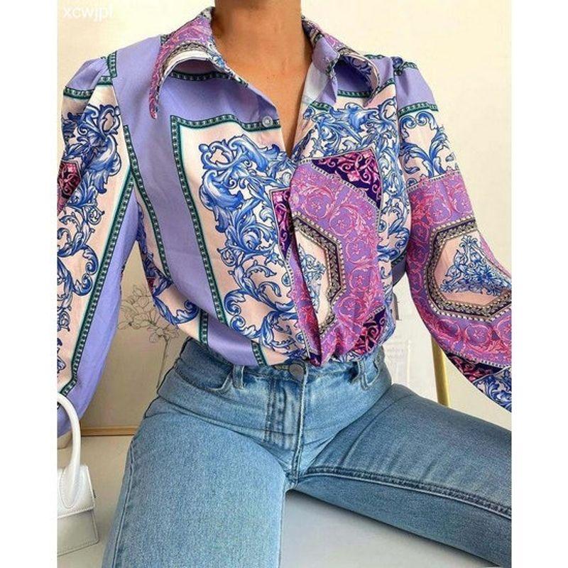 

Универсальная Стильная Красивая Модная Женская Новая Летняя Прохладная 2024 Синяя Рубашка с Принтом Пейсли Picture Color 2XL