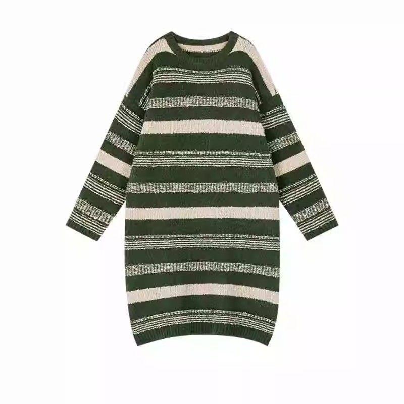 Fashionable Striped Knitted Sweater Dress for Women, Loose Fit and Lengthy, Thickened and Soft Dresses