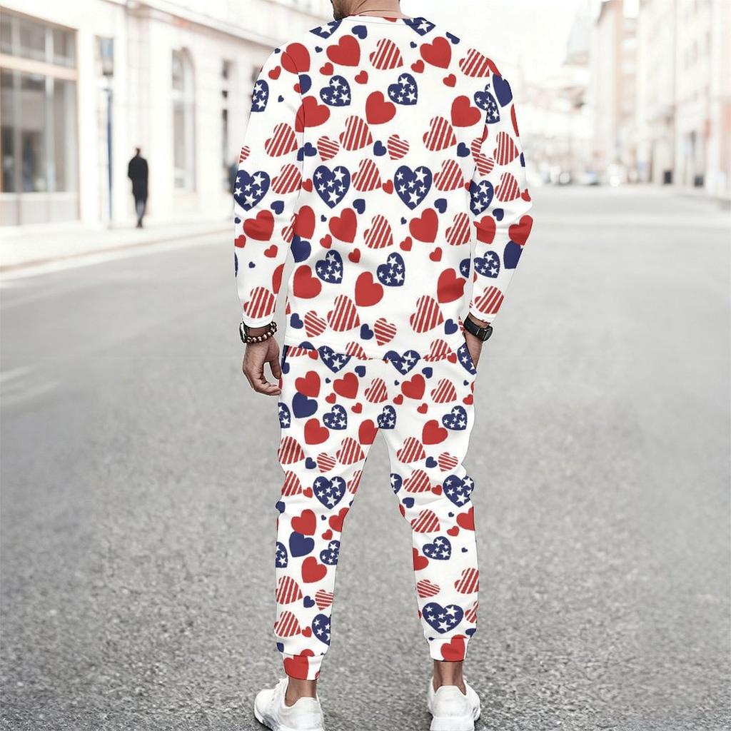 Men All Over Butterfly Floral American Flag Print Long Sleeve Sweatshirt And Drawstring Jogger Pants Two Piece Suit