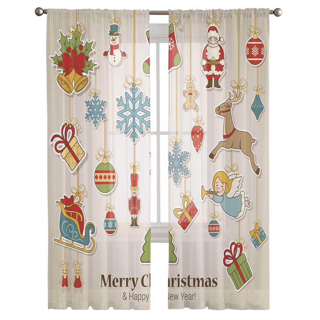 Christmas Elk Cartoon Gift Tulle Curtains For Living Room Decoration Modern Chiffon Sheer Voile Kitchen Curtain