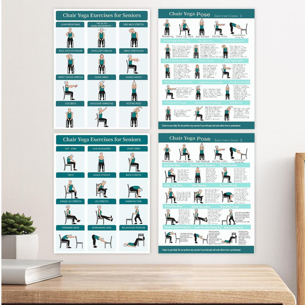 Chair Yoga Chart Illustrated Pose Cards 4 Pieces Yoga Seated Workout Poster For Seniors Beginners Fitness Flexibility Mobility
