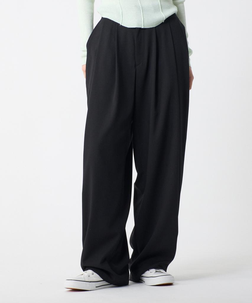 UNKNOWN PLANET Double-Pleat Wide Elastic Waist Slacks Dark Black